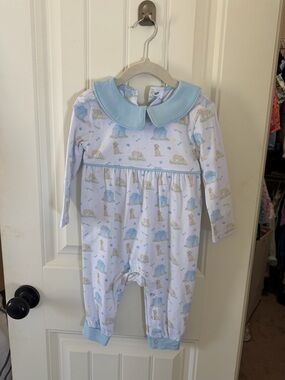 Blue & White Baby Boys' Printed Romper with Peter Pan Collar